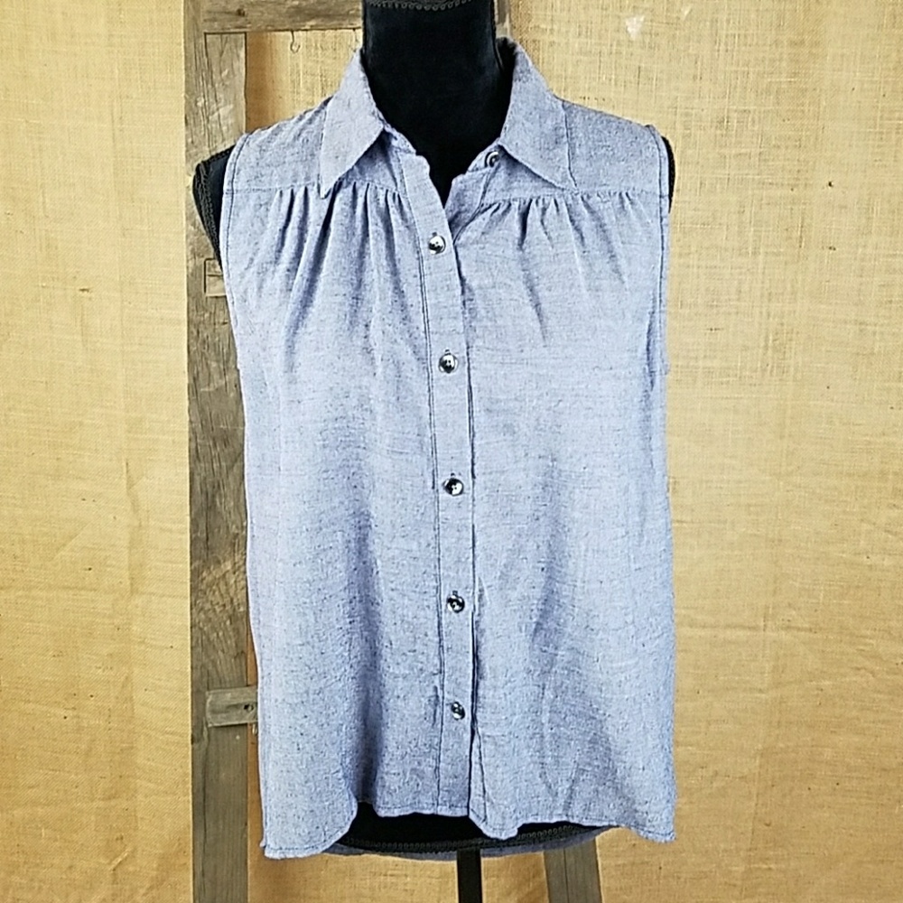 CABI 387‎ women S high low chambray sleeveless button down blouse open back